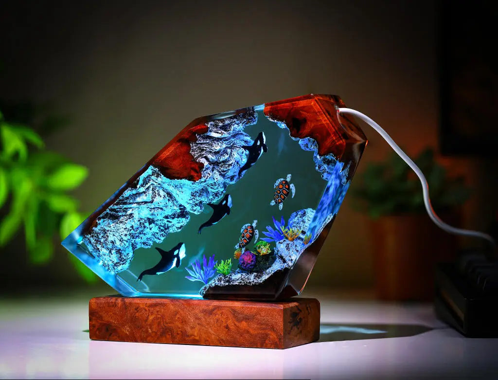 Orcas and Sea Turtles Undersea Ocean Diorama Epoxy Resin Lamp, Night Light - ArtFIGU