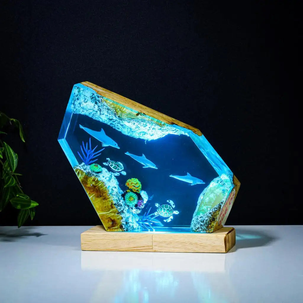 Dolphins and Turtles Undersea Ocean Diorama Epoxy Resin Lamp, Night Light - ArtFIGU