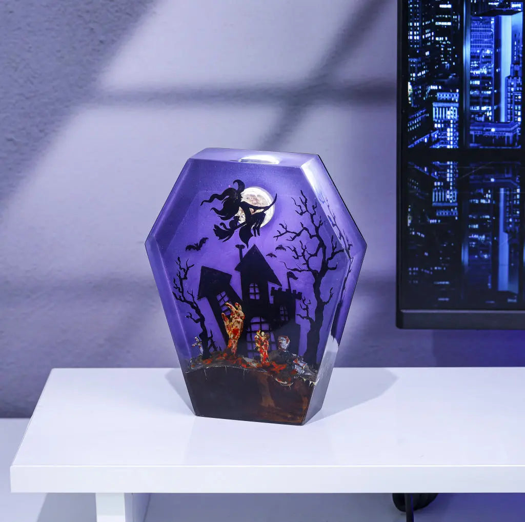 Witch Ride Broom Halloween Theme Epoxy Resin Lamp - ArtFIGU