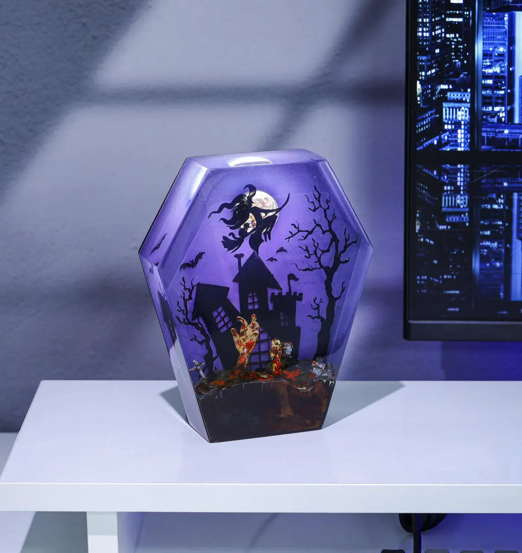 Witch Ride Broom Halloween Theme Epoxy Resin Lamp - ArtFIGU