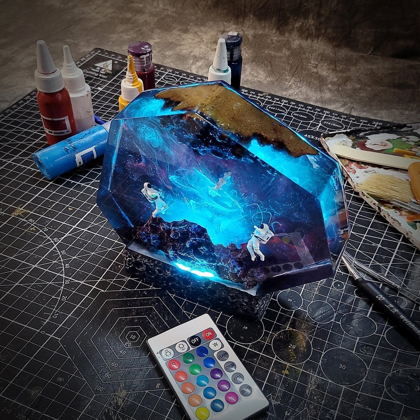 Satellite Astronauts Galaxy Universe Cosmos Epoxy Resin Lamp - ArtFIGU