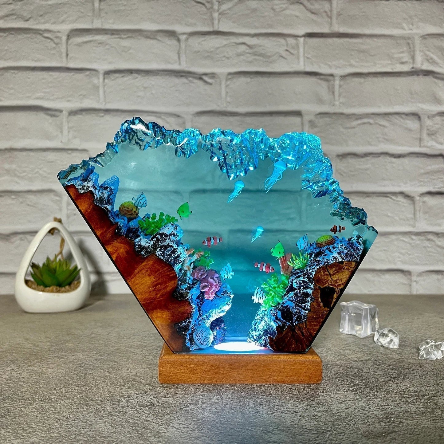 Coral Jellyfishs Undersea Ocean Diorama Epoxy Resin Lamp, Night Light - ArtFIGU