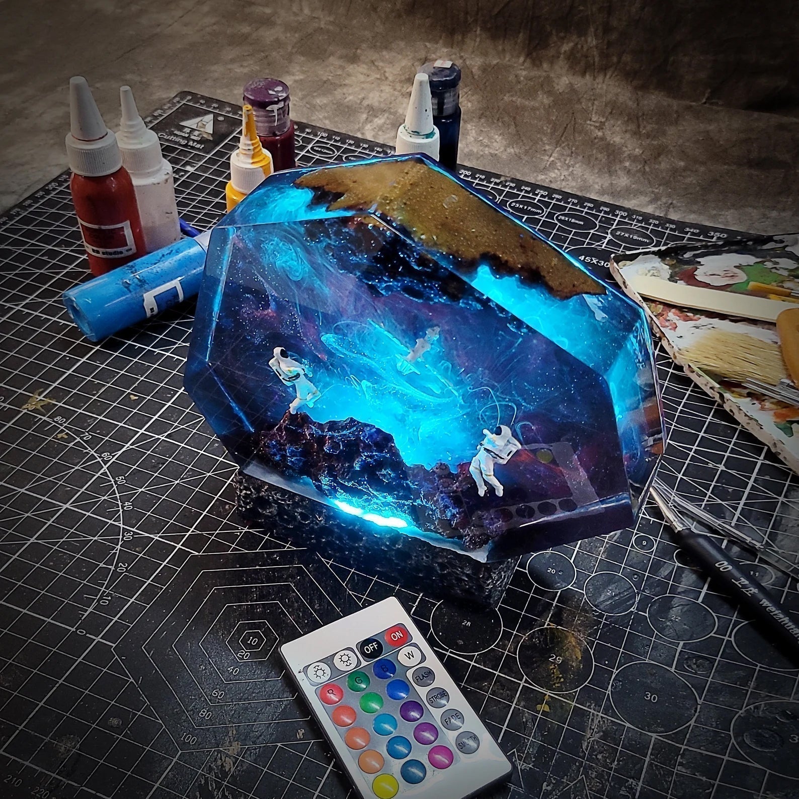 Satellite Astronauts Galaxy Universe Cosmos Epoxy Resin Lamp - ArtFIGU